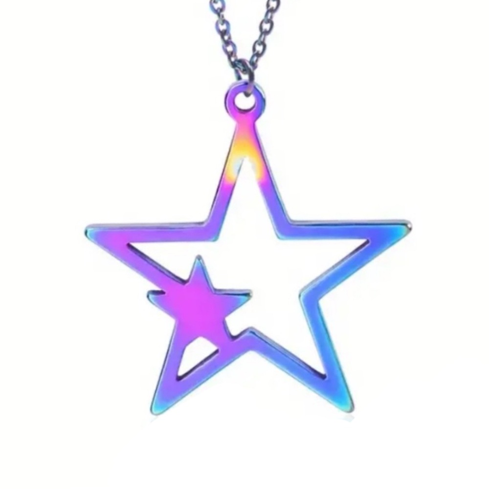Iridescent Star Necklace Stainless Steel Rainbow Hollow Pendant 20 “ Chain